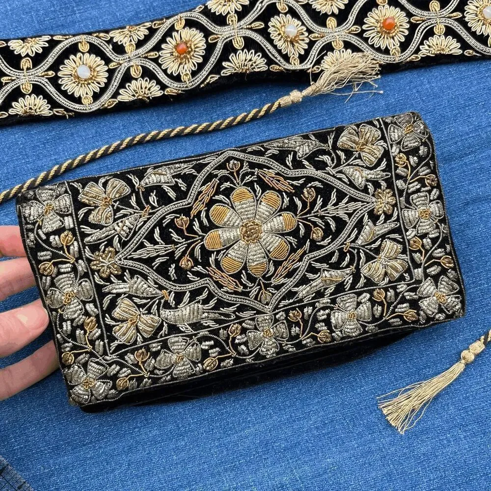 Vintage Hand-Embroidered Velvet Evening Clutch Made in India | Black & Gold